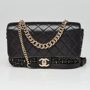 Chanel Black Tweed Quilted Lambskin Leather Medium Flap Bag